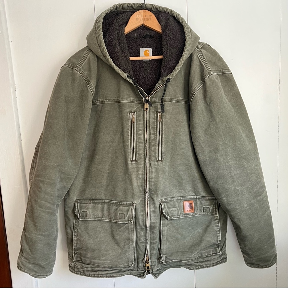 Carhartt C95 ARG Jackson Coat Green Sherpa Lined Hooded Work Distressed Jacket M